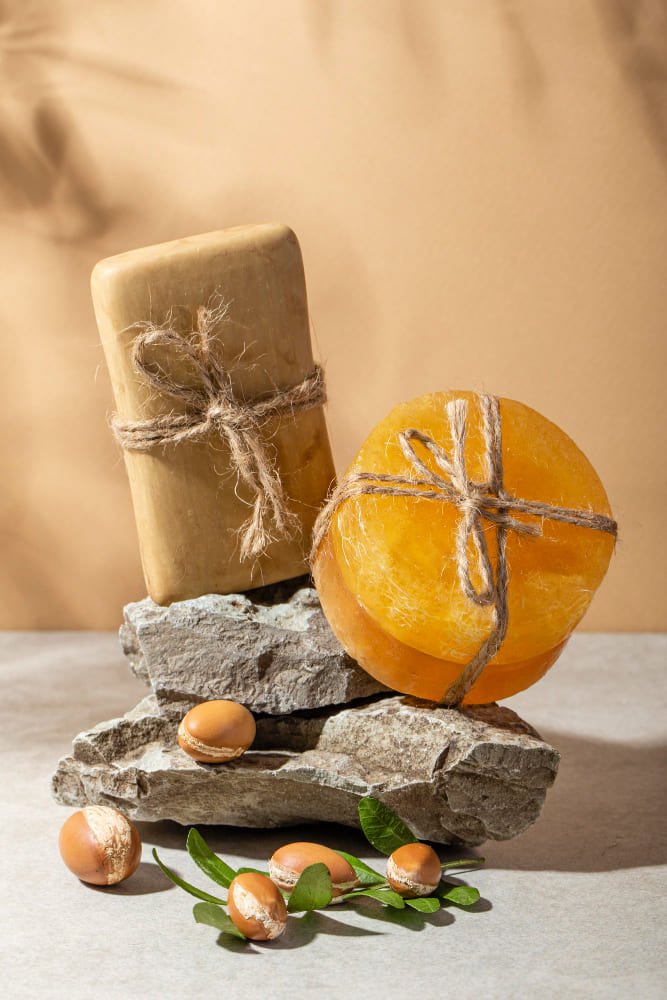 Jabón artesanal con naranja e ingredientes naturales para el cuidado de la piel.