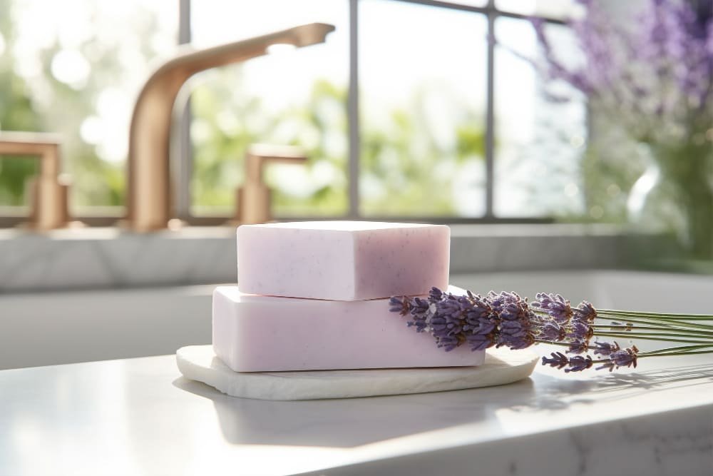 Jabón artesanal de lavanda sobre bandeja en un ambiente de spa para el cuidado natural de la piel.