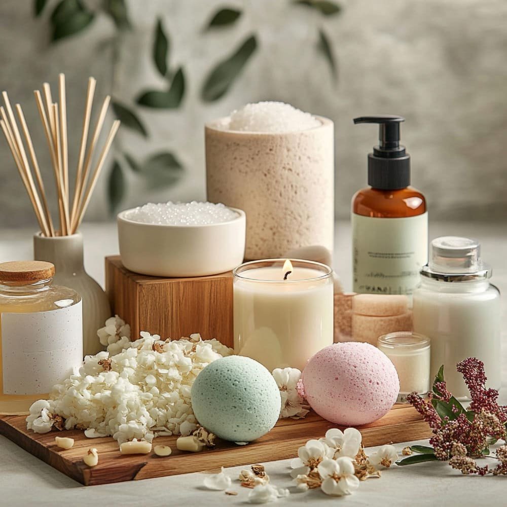 Colección de productos de aromaterapia y cosmética natural con velas aromáticas, bombas de baño, sales de baño y aceites corporales.