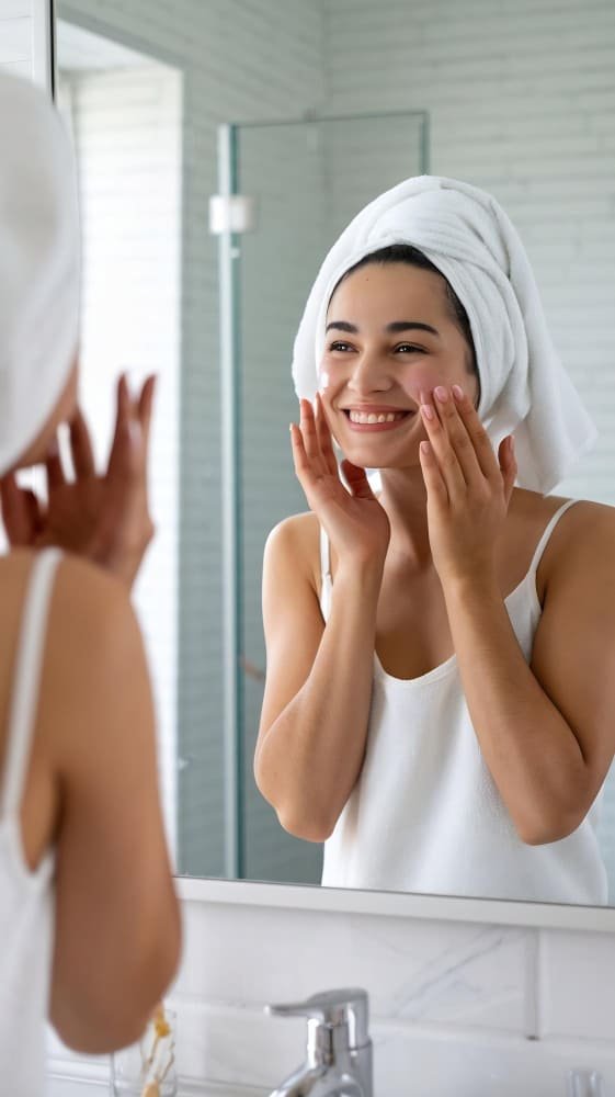 Mujer aplicando crema facial como parte de una rutina de cuidado natural de la piel.
